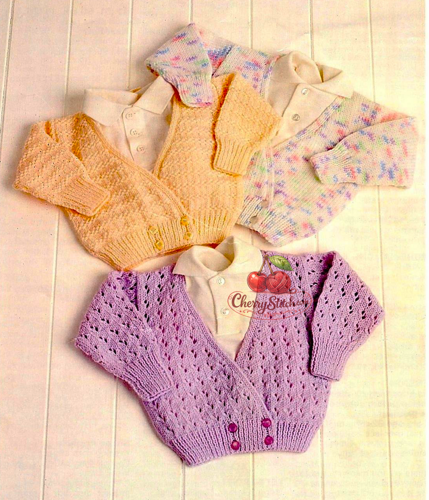Vintage baby and toddler girl crossover cardigan knitting pattern — 3 designs: lace, stripe and stocking stitch. Large print pattern, DK 8ply yarn, 16''–24'' (41–61 cm) chest, approx. Birth–4 years. Intermediate knitting.