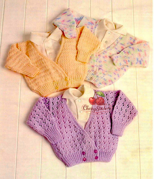 Vintage baby and toddler girl crossover cardigan knitting pattern — 3 designs: lace, stripe and stocking stitch. Large print pattern, DK 8ply yarn, 16''–24'' (41–61 cm) chest, approx. Birth–4 years. Intermediate knitting.