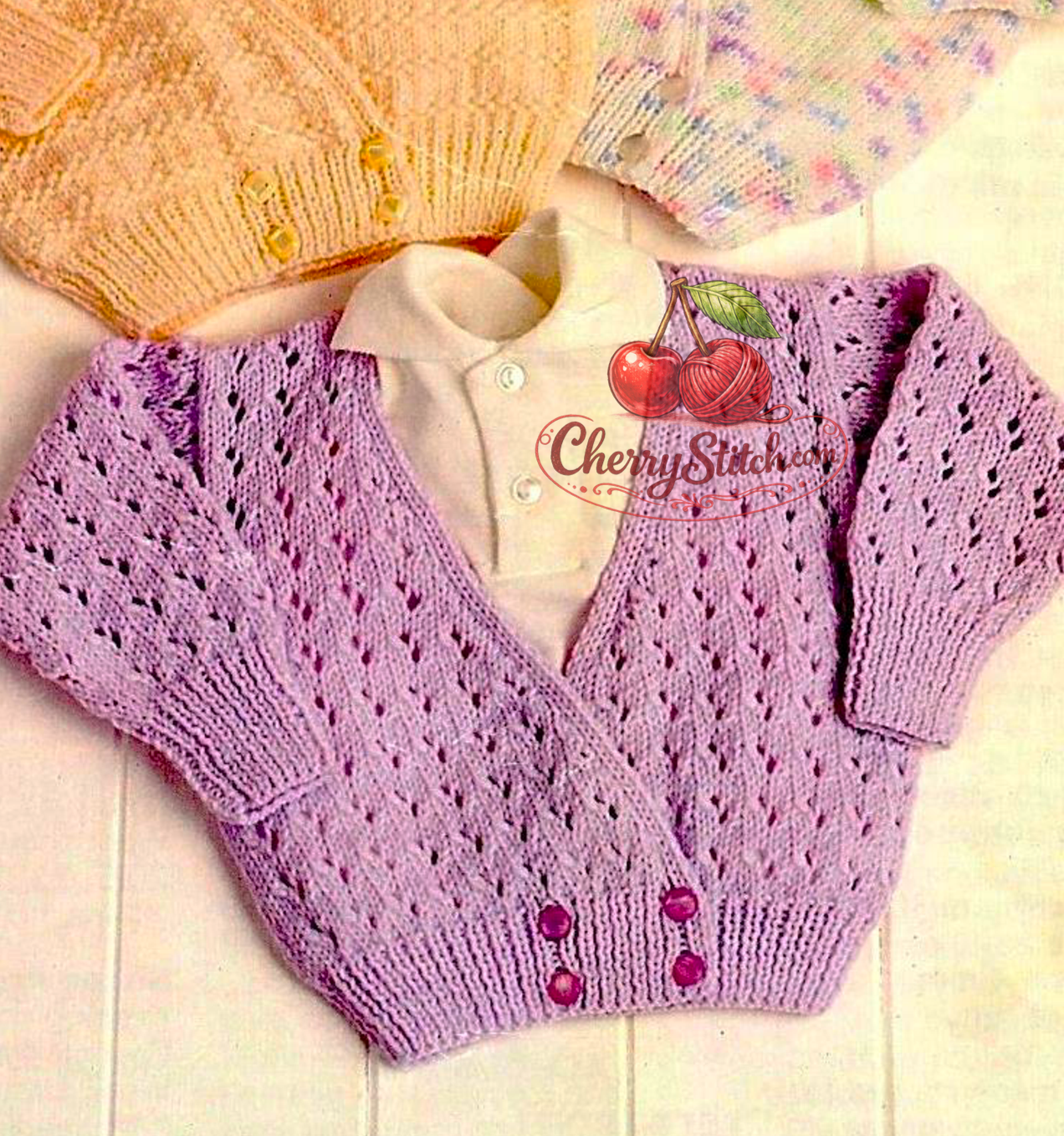 Lace version of vintage baby girl crossover cardigan knitting pattern. Restored delicate lace design, crossover front, large print, DK yarn, 16''–24'', Birth–4 years.