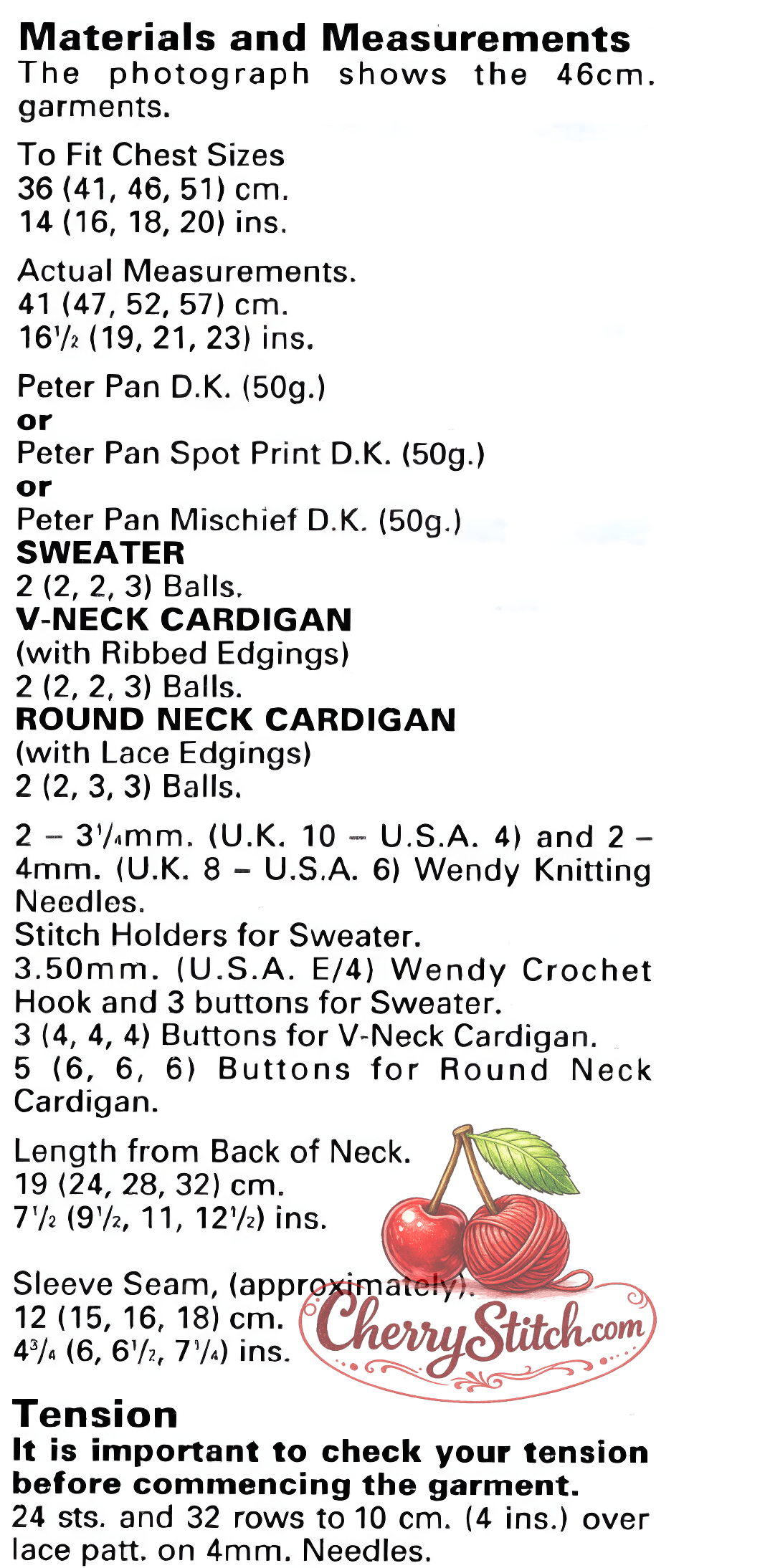 Materials and measurements for vintage baby girl lacy cardigan and sweater knitting pattern — all-over lace, round and V-neck, DK 8ply yarn, 4mm and 3.25mm needles, 14''–20'' (36–51 cm), premature to 12 months.