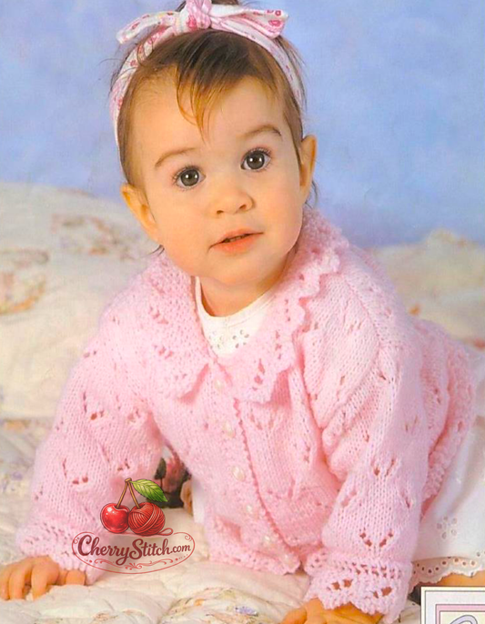 Vintage baby girl lacy cardigan and sweater knitting pattern — round neck cardigan, V-neck cardigan and sweater, all in an all-over lace pattern. DK 8ply yarn, 14''–20'' (36–51 cm) chest, approx. premature to 12 months. Intermediate knitting.