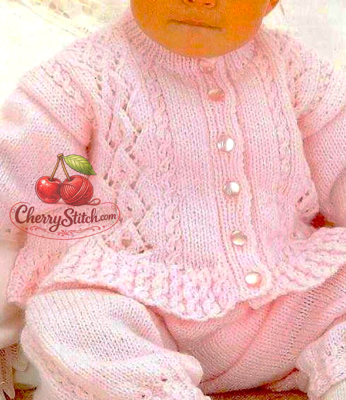 Detail of vertical cable and lace panel on vintage baby girl cardigan and trousers knitting pattern. Restored pretty design, DK yarn, 16''–22'', approx. 0–3 years.