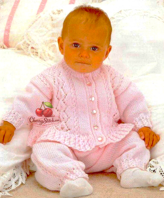 Vintage baby and toddler girl cardigan and trousers knitting pattern — cardigan with vertical cable and lace panels, matching trousers. DK 8ply yarn, 16''–22'' (41–56 cm) chest, approx. 0–3 years. Intermediate knitting.