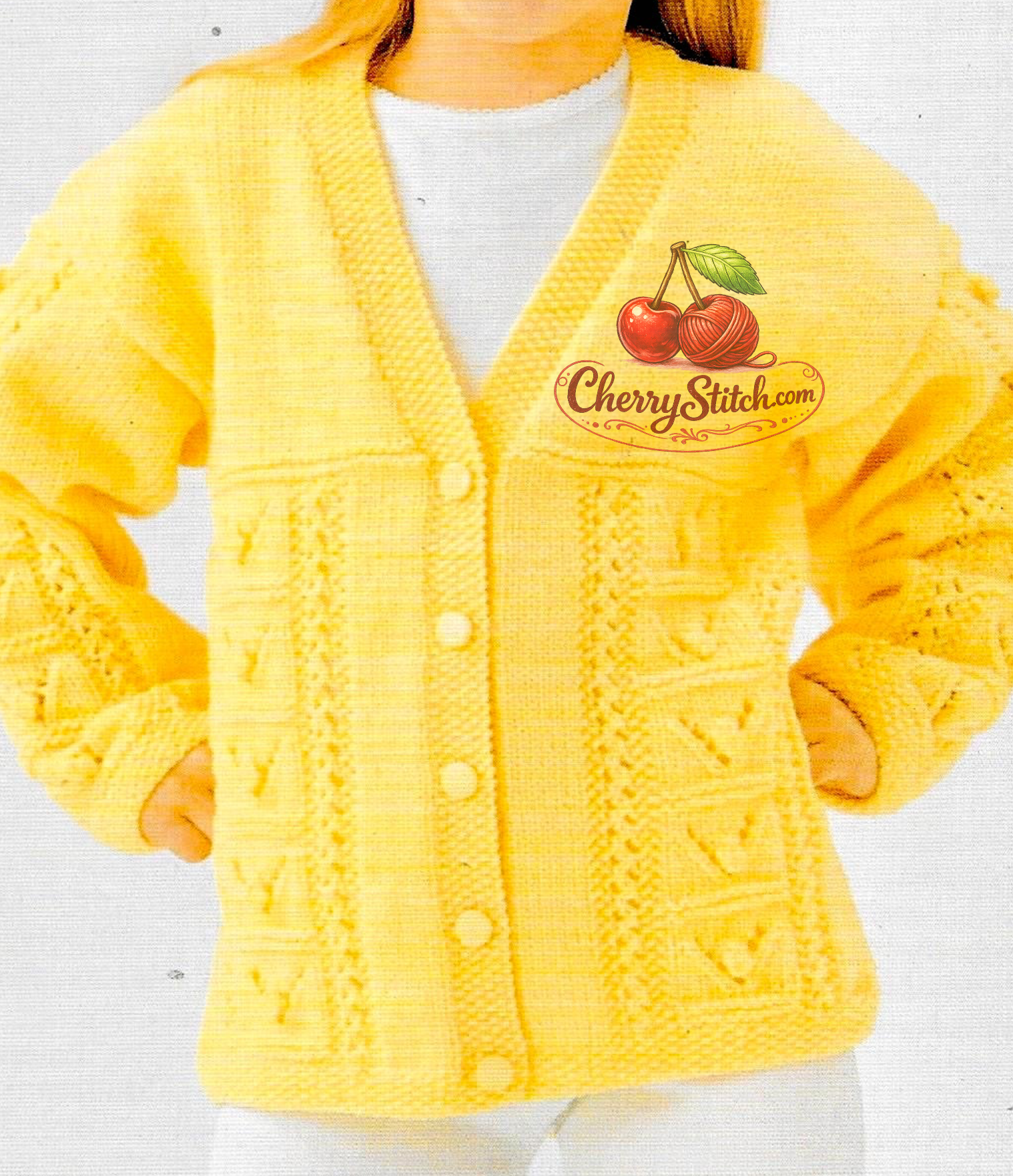 Texture detail of vintage girls' cardigan knitting pattern — cable, bobble and lace combination, V-neck, drop shoulder, DK yarn, 22''–32'', 1–12 years.