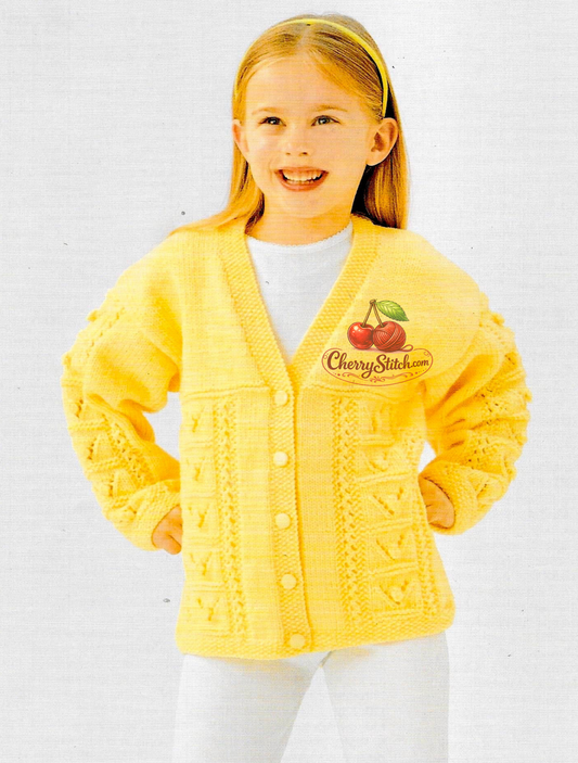 Vintage girls' cardigan knitting pattern — cable, bobble and lace details throughout, V-neck, drop shoulders. DK 8ply yarn, 22''–32'' (56–81 cm) chest, approx. 1–12 years. Intermediate knitting.