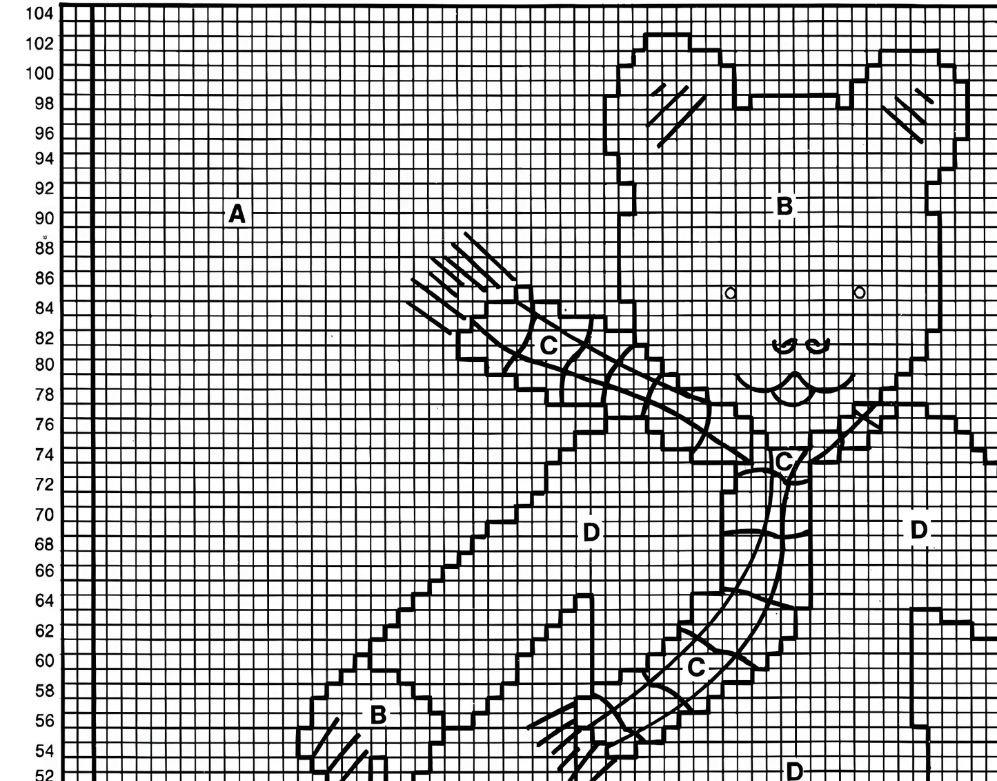 Rupert Bear motif chart from vintage picture sweater knitting pattern. Restored large print design, DK yarn, 22''–30'', approx. 2–10 years.