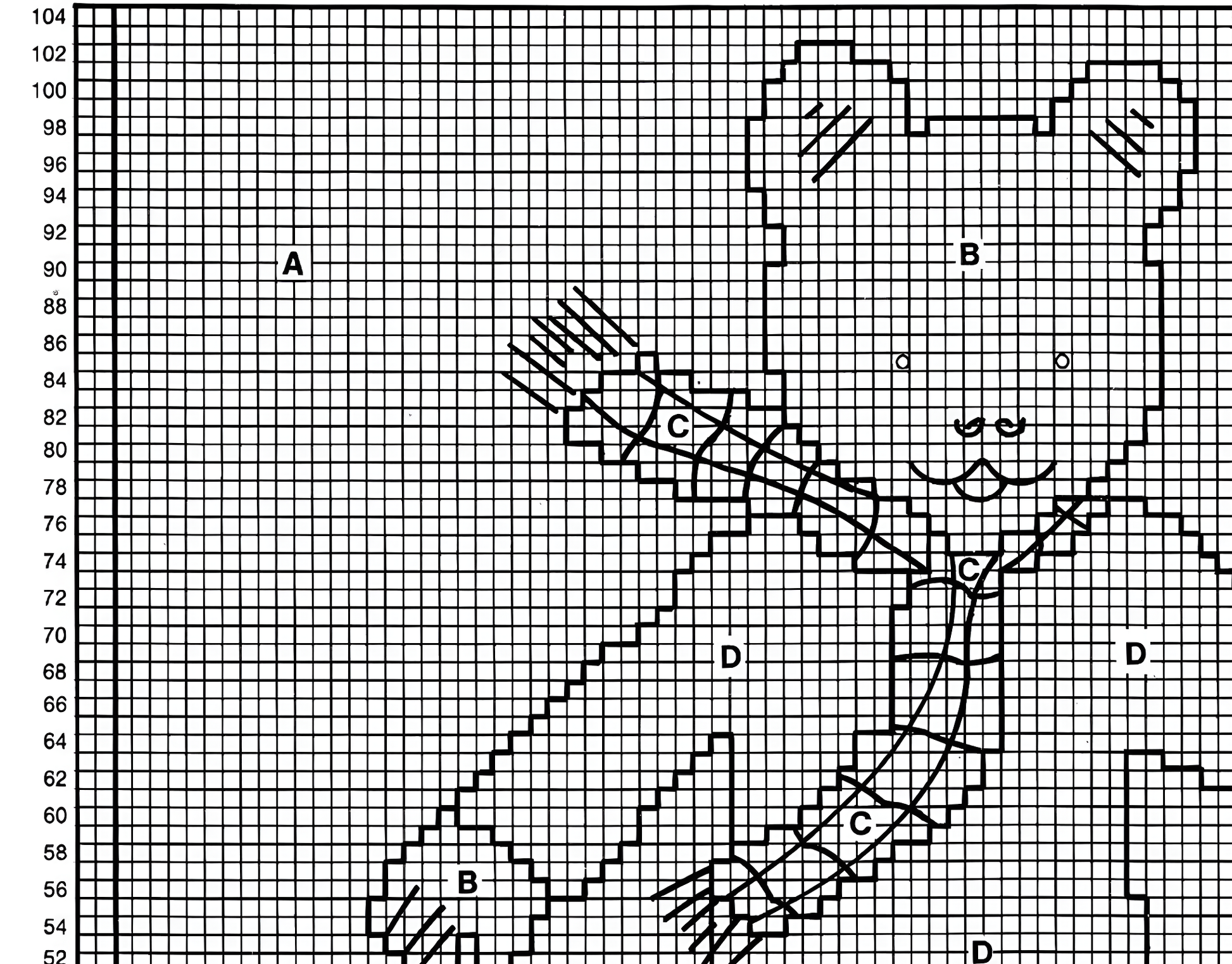 Rupert Bear motif chart from vintage picture sweater knitting pattern. Restored large print design, DK yarn, 22''–30'', approx. 2–10 years.
