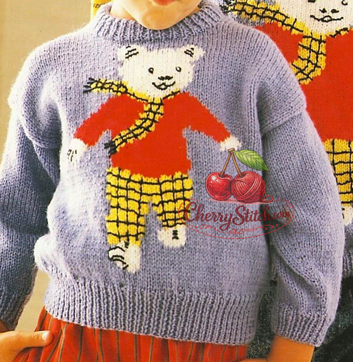 A close-up of a vintage boy and girl Rupert Bear picture sweater knitting pattern — bear motif worked from a chart. Classic pullover, large print pattern, DK 8ply yarn, 22''–30'' (56–76 cm) chest, approx. 2–10 years. Intermediate knitting.

