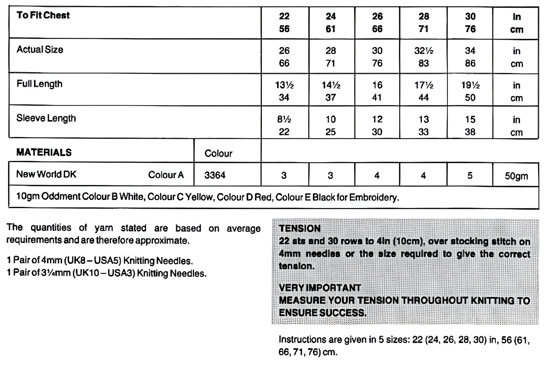 Materials and measurements for vintage Rupert Bear picture sweater knitting pattern — bear motif chart, large print, DK 8ply yarn, 4mm and 3.25mm needles, 22''–30'' (56–76 cm), 2–10 years.