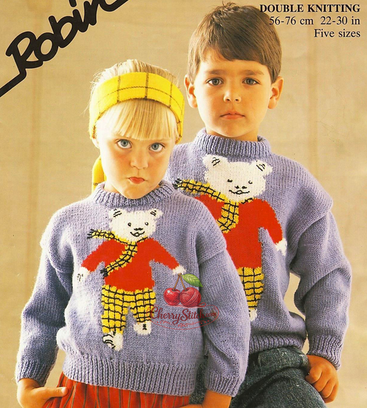 Vintage boy and girl Rupert Bear picture sweater knitting pattern — bear motif worked from a chart. Classic pullover, large print pattern, DK 8ply yarn, 22''–30'' (56–76 cm) chest, approx. 2–10 years. Intermediate knitting.