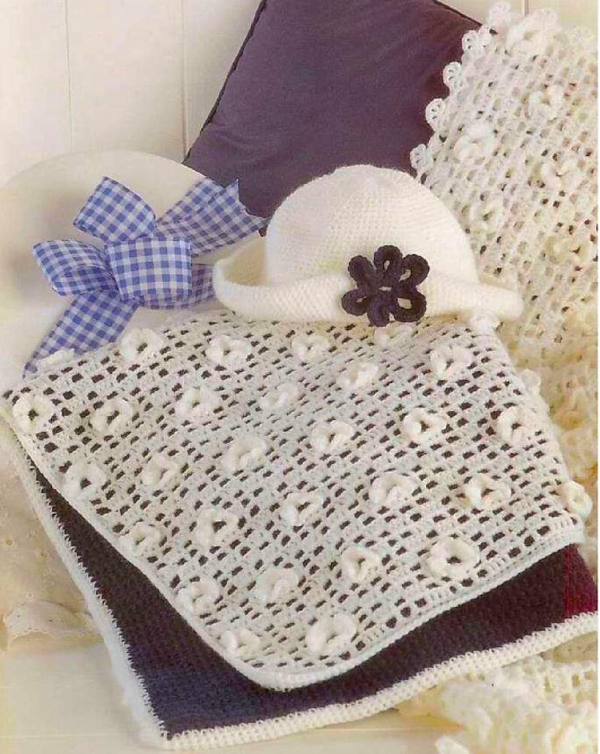 Shawl and blanket from vintage baby crochet layette set — shawl 40''×40'' (102×102 cm), blanket 22''×30'' (56×76 cm). Floral motif, 4ply and DK yarn, UK crochet terms.