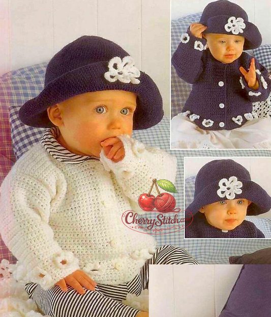 Vintage baby and child crochet pattern — layette set including jacket, shawl, blanket and brim hat. Flower motifs at hem, UK double crochet. DK and 4ply yarn, jacket 16''–26'' (41–66 cm), approx. 0–6 years. Intermediate crochet, UK terms.