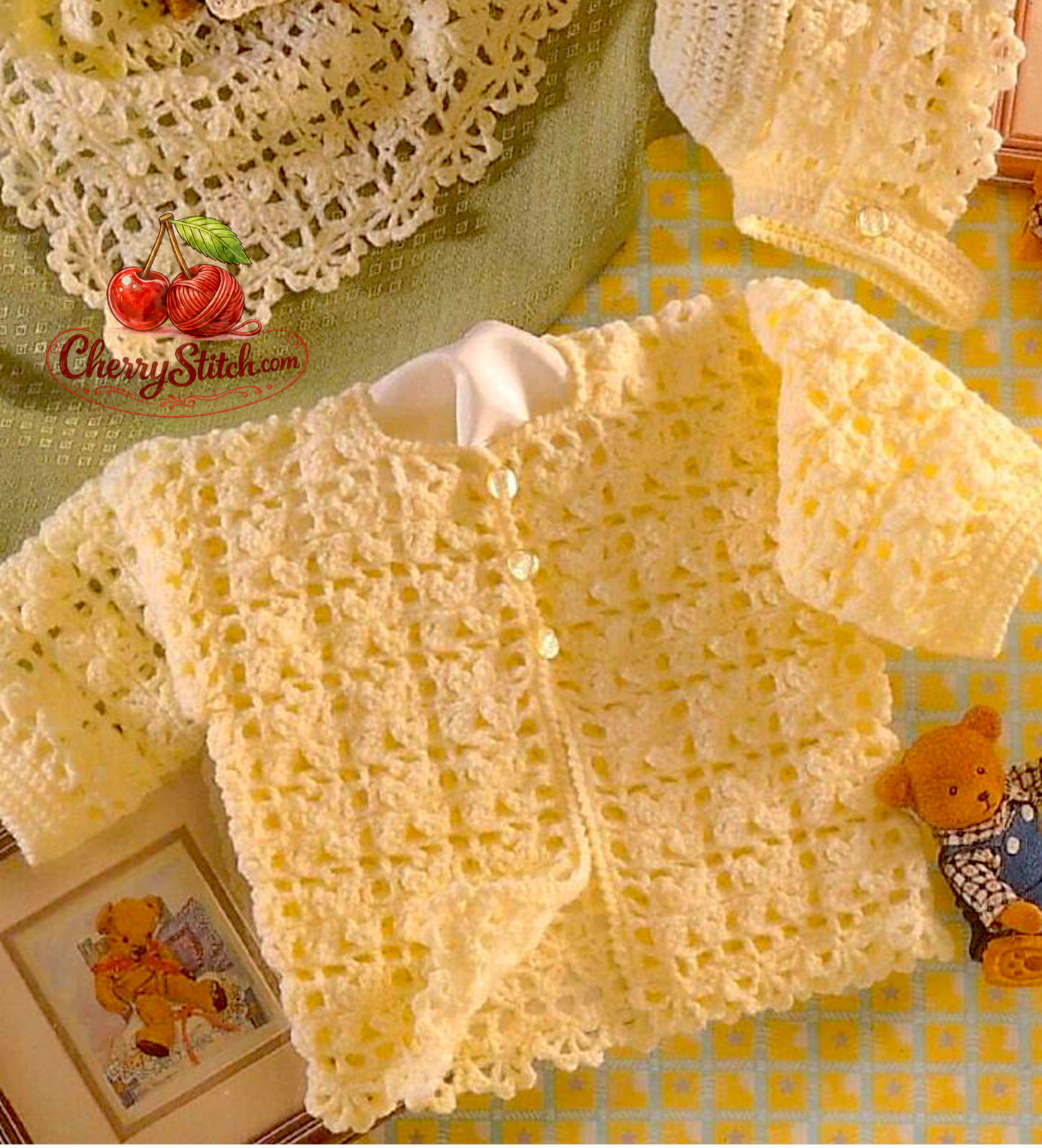 Jacket from vintage baby lacy crochet set — scallop edging, row-by-row lacy stitch pattern with motif appearance. Large print, 4ply yarn, UK crochet terms, 6 months.


