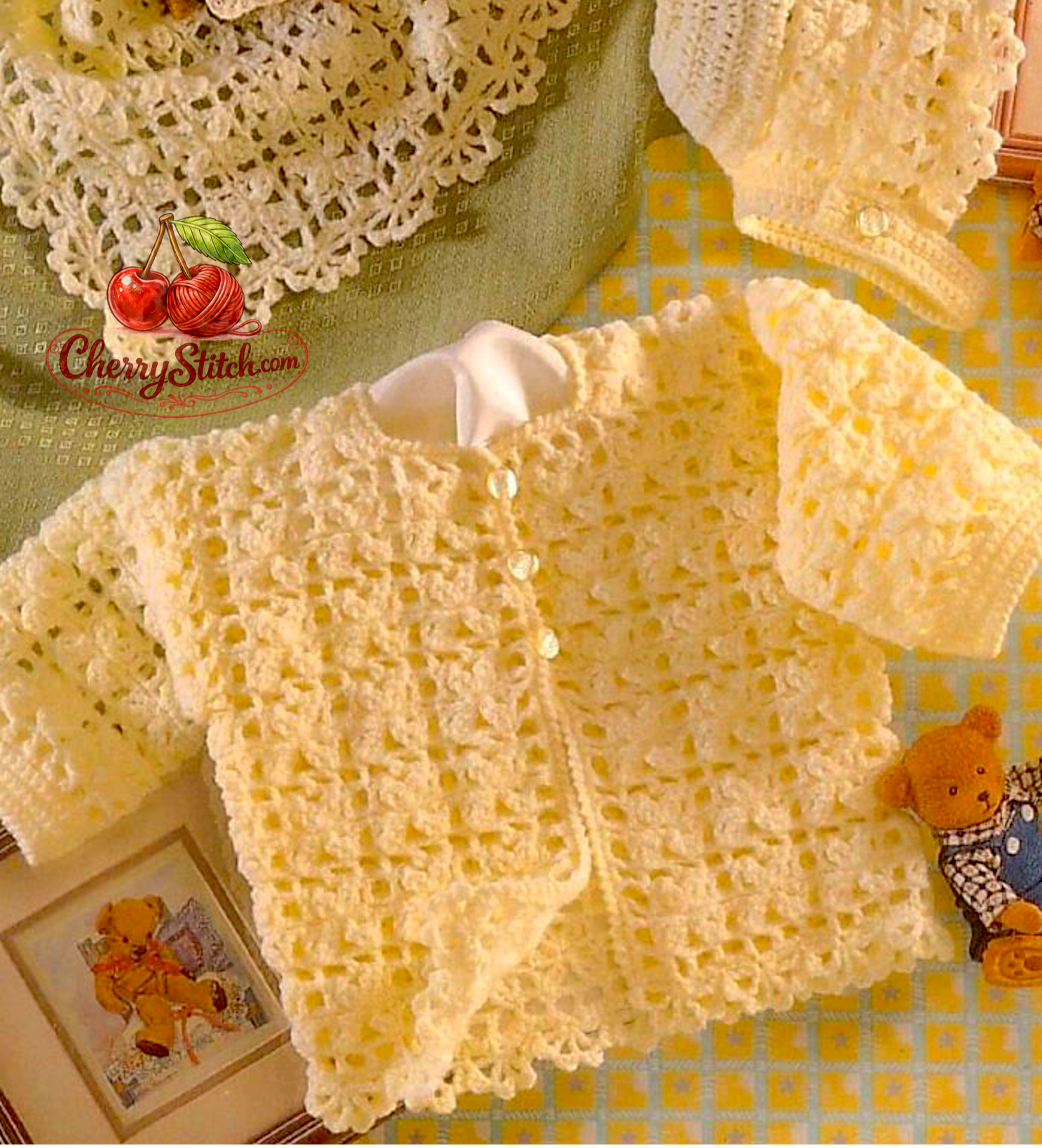Jacket from vintage baby lacy crochet set — scallop edging, row-by-row lacy stitch pattern with motif appearance. Large print, 4ply yarn, UK crochet terms, 6 months.

