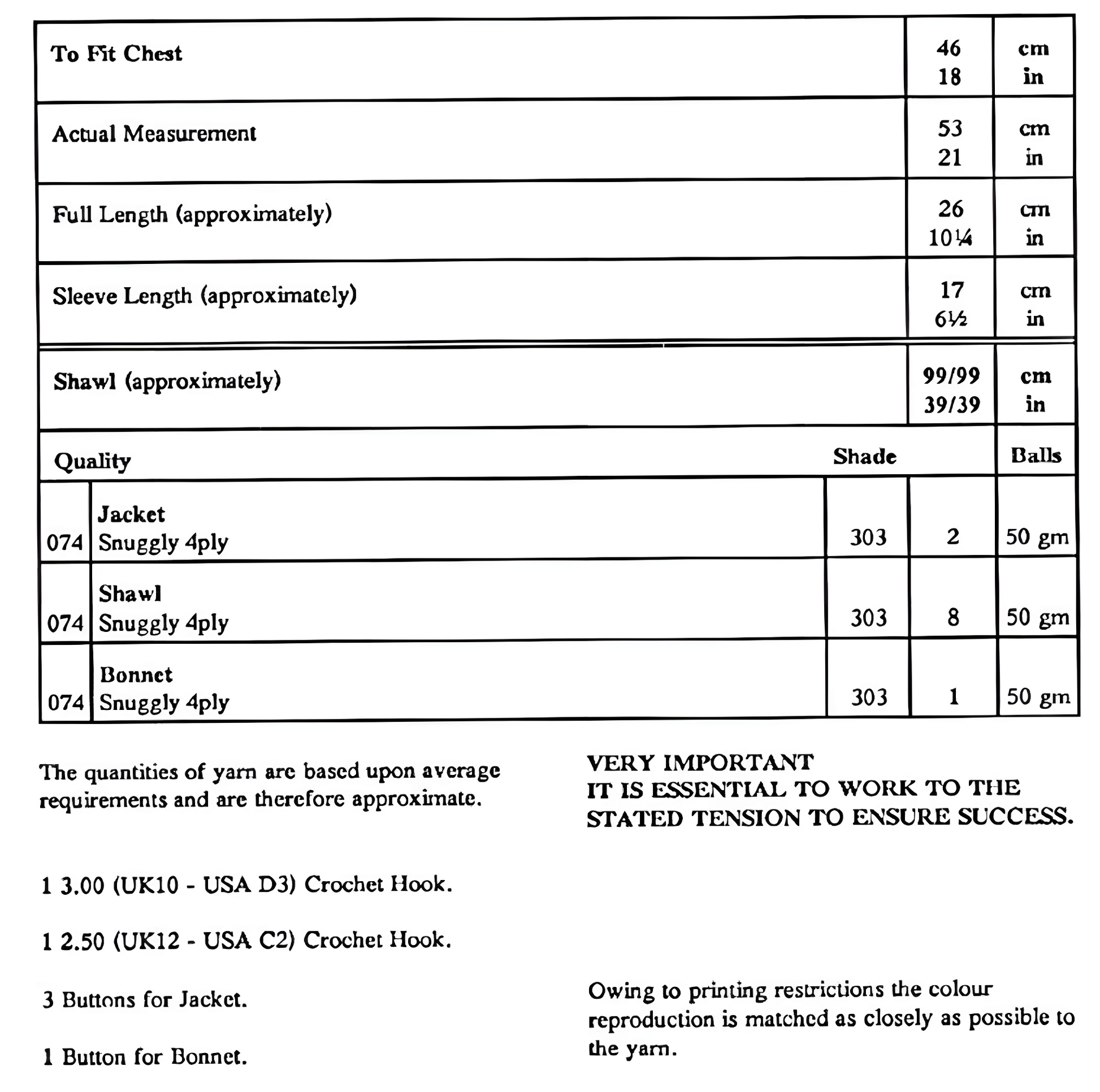 Materials and measurements for vintage baby lacy jacket, shawl and bonnet crochet pattern — scallop edging, large print, 4ply yarn, 18'' (46 cm), approx. 6 months, UK terms.
