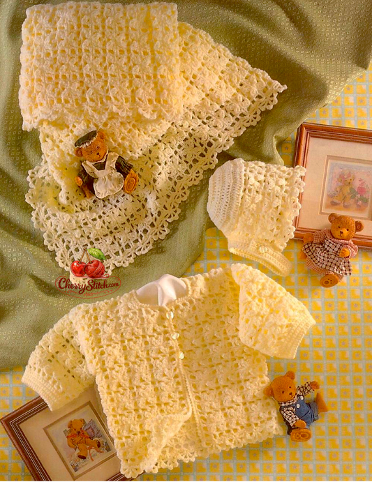 Vintage baby crochet pattern — lacy jacket, shawl and bonnet set. Row-by-row lacy stitch with the appearance of small motifs, scallop edging throughout. Large print, 4ply yarn, 18'' (46 cm) chest, approx. 6 months. Intermediate crochet, UK terms.