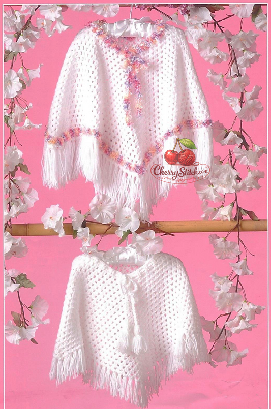 Baby & Child Girl's Poncho – Restored Vintage Crochet Pattern 2 Designs Shimmer Trim Pom Pom Fringe Easy Crochet DK 16''–26'' Birth–6yrs A4 & US Letter PDF Instant Download– 222