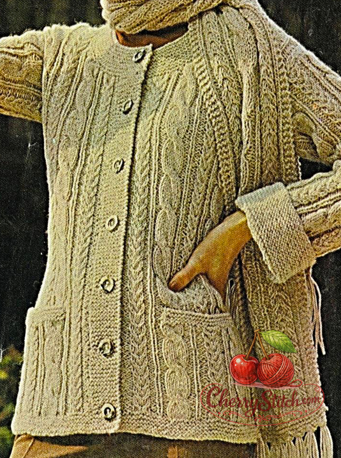 Aran stitch detail from vintage 1960s women's jacket, hat and scarf knitting pattern. Restored traditional Aran design — round neck, drop shoulders, pockets, 10ply yarn, 33''–39''.