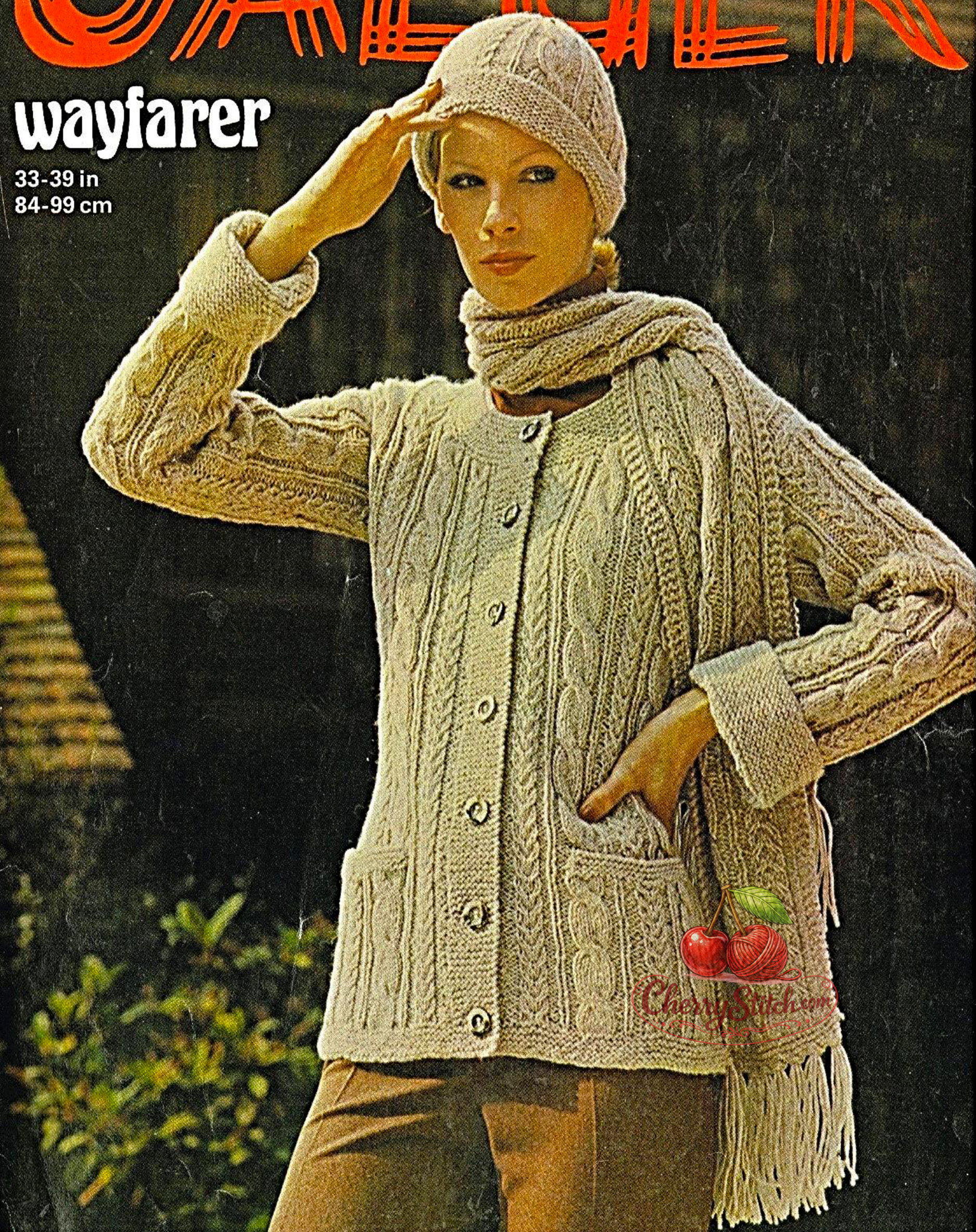 Vintage 1960s women's Aran jacket, hat and scarf knitting pattern — traditional Aran stitch patterns, round neck, drop shoulders, pockets. Aran 10ply yarn, 33''–39'' (84–99 cm) bust. Intermediate knitting.