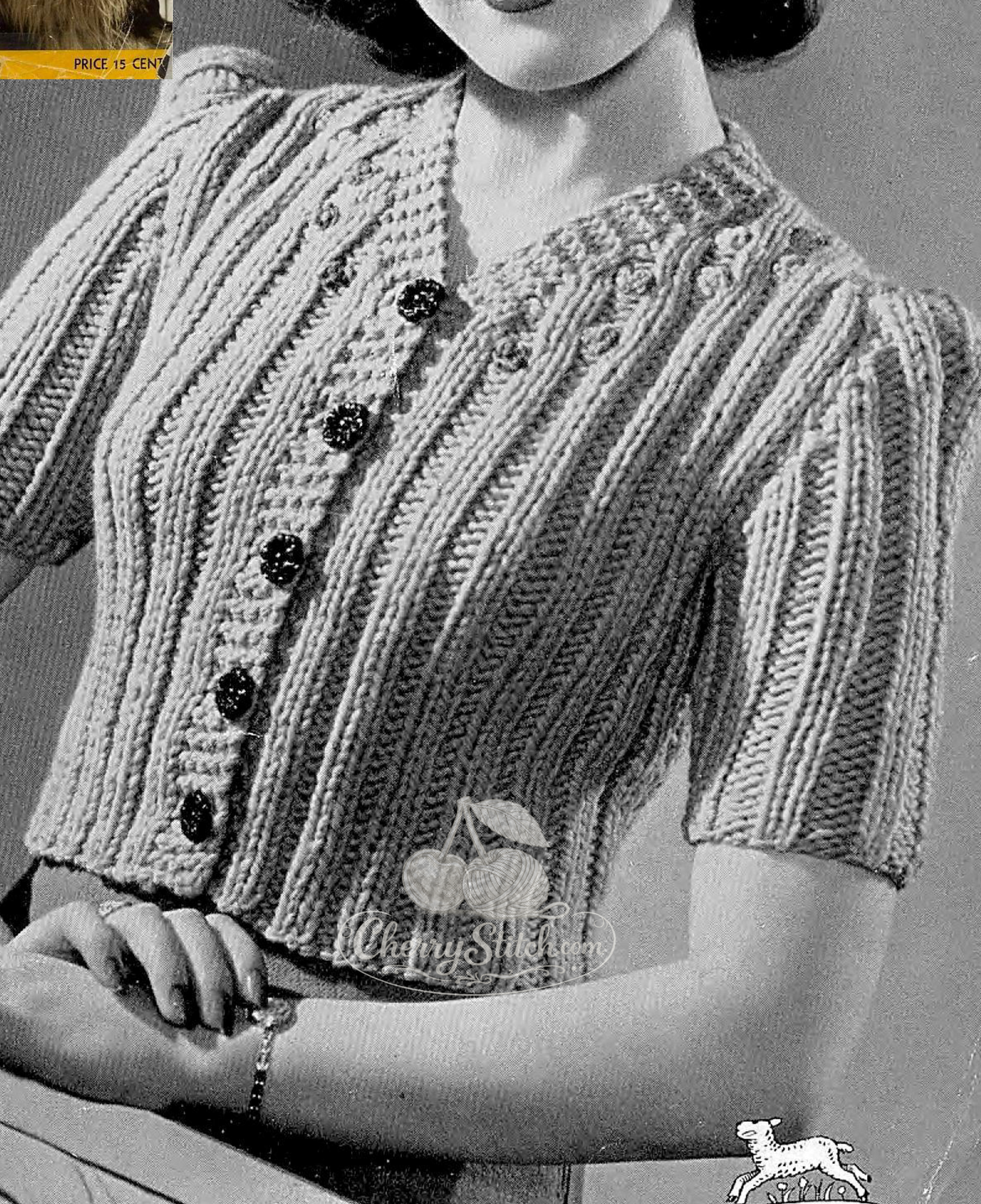 Second view of vintage 1950s women's afternoon cardigan knitting pattern. Restored retro cropped design — rib stitch, short sleeve, set-in sleeves, chunky yarn, 34''.