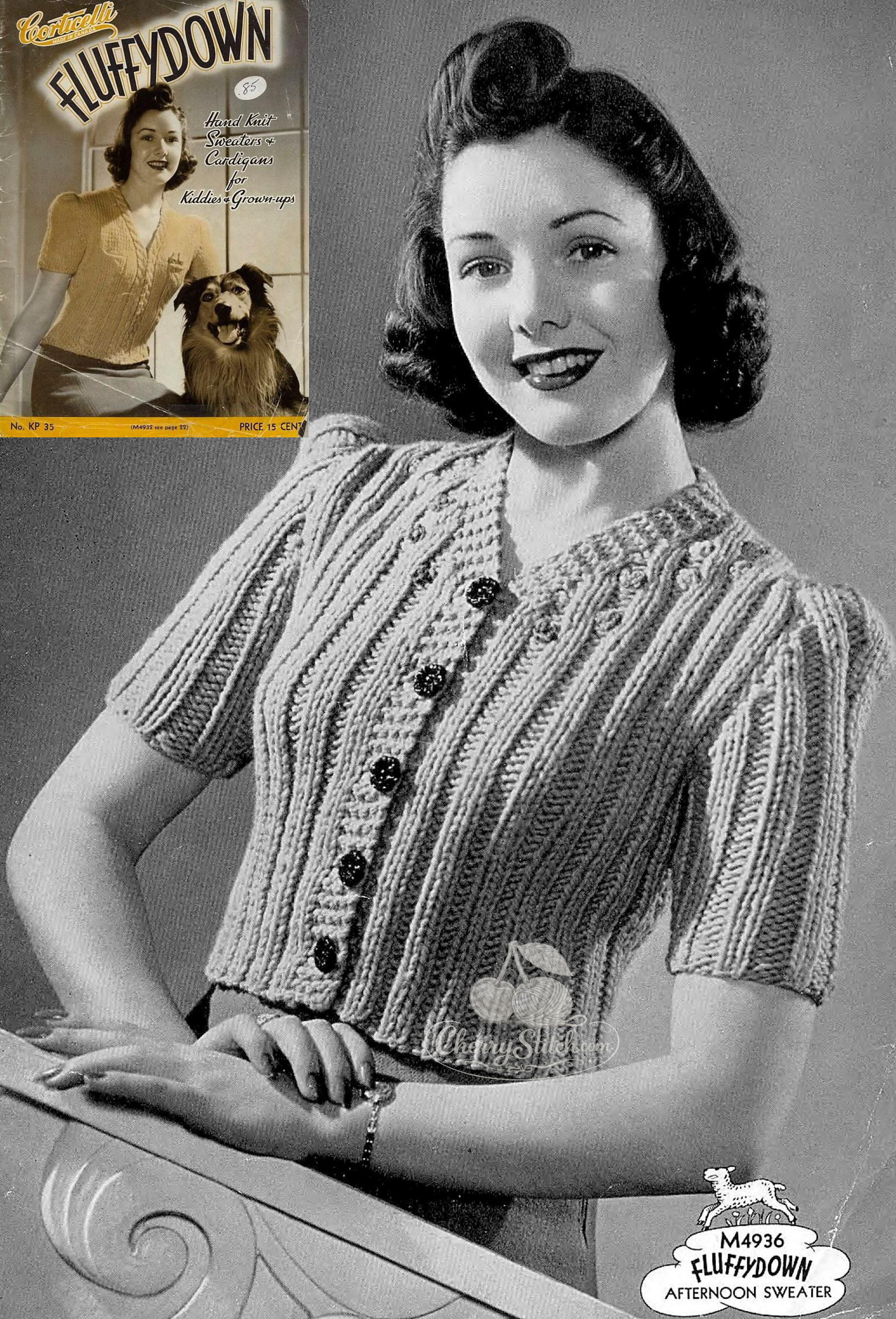 Vintage 1950s women's afternoon cardigan knitting pattern — short sleeve, cropped, rib pattern with set-in sleeves. Chunky 12ply yarn, 34'' (86 cm) bust, one size. Intermediate knitting.