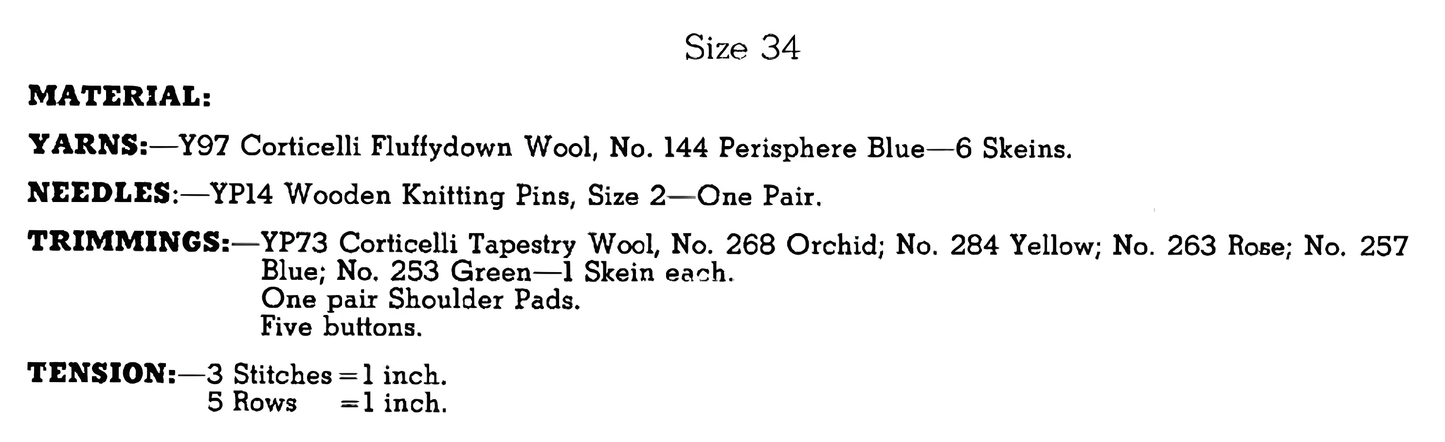 Materials and measurements for vintage 1950s women's afternoon sweater and cardigan knitting pattern — rib, short sleeve, cropped, chunky 12ply yarn, 7mm needles, 34'' (86 cm), one size.
