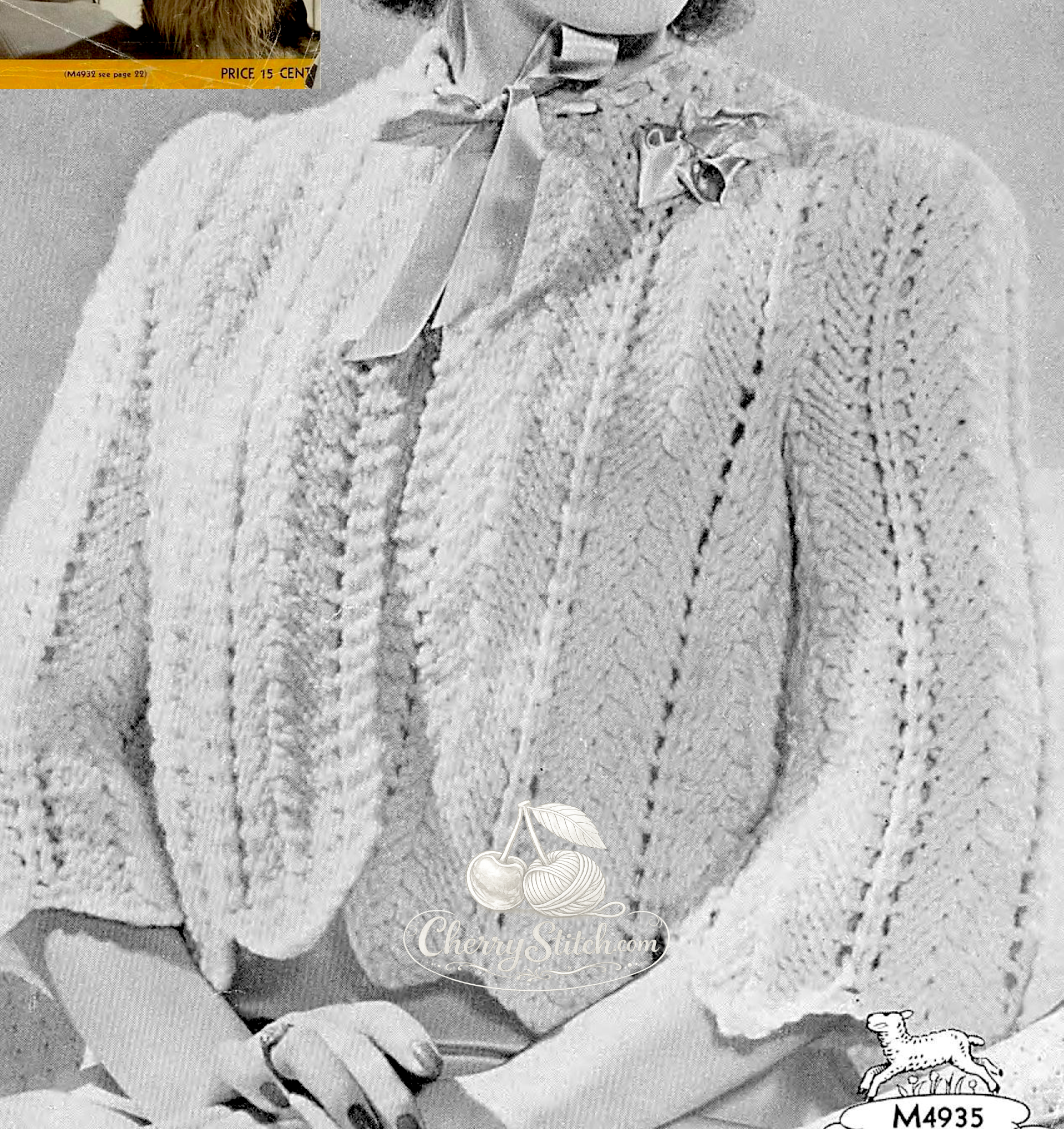 Lace detail from vintage 1950s women's bed jacket knitting pattern. Restored romantic open front design, set-in sleeves, chunky yarn, 36'', one size.