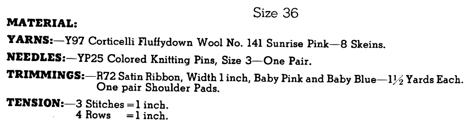 Materials and measurements for vintage 1950s women's lacy bed jacket knitting pattern — open front, set-in sleeve, chunky 12ply yarn, 6.5mm needles, ribbon, 36'' (91 cm), one size.