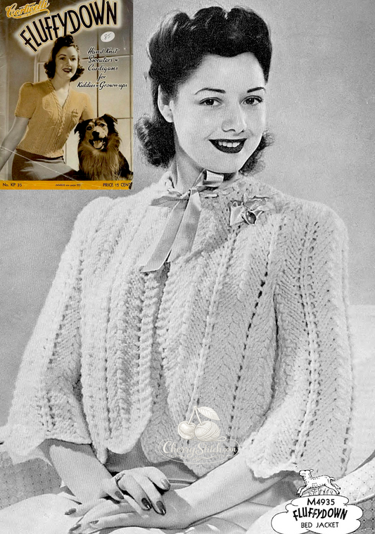 Vintage 1950s women's lacy bed jacket knitting pattern — open front, set-in sleeves, worked bottom up. Chunky 12ply yarn, 36'' (91 cm) bust, one size. Intermediate knitting.