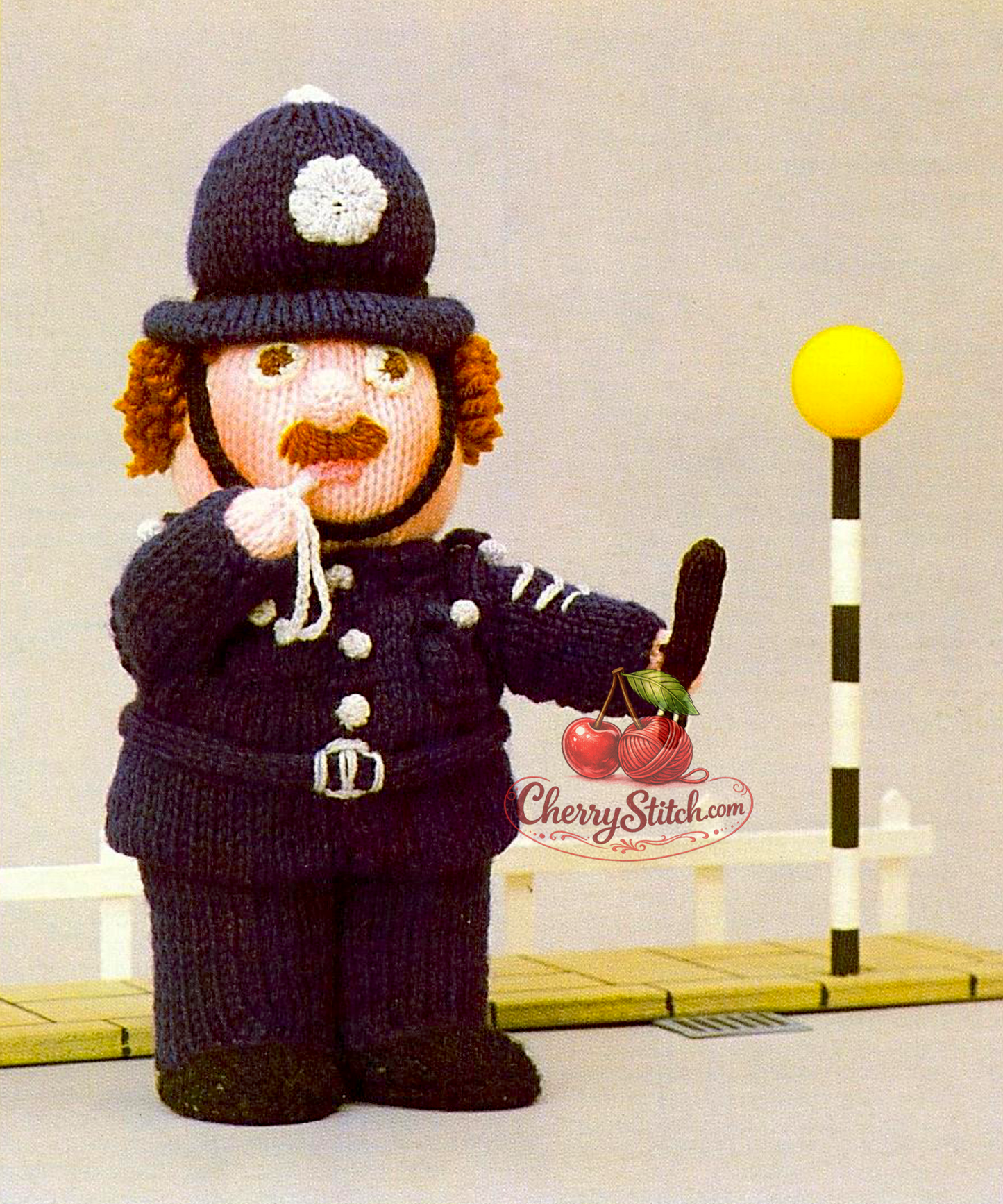 Vintage Woolly Wotnots Policeman doll knitting pattern — soft stuffed toy, 12'' (30 cm) tall. Charming retro character doll, DK, 4ply and chunky yarn. Great gift idea for baby and child. Intermediate knitting.