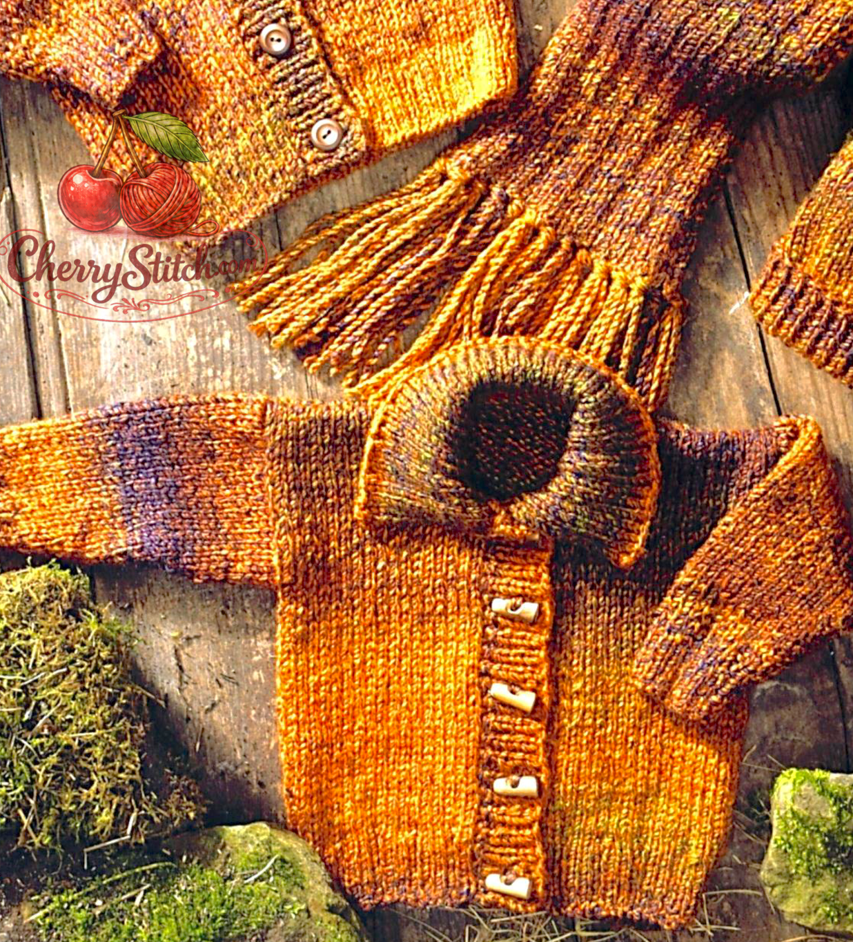 Second view of vintage baby cardigan, hat and scarf knitting pattern — round and V-neck designs, stocking stitch, drop shoulders, chunky yarn, 12''–22'', tiny premature to 2 years.