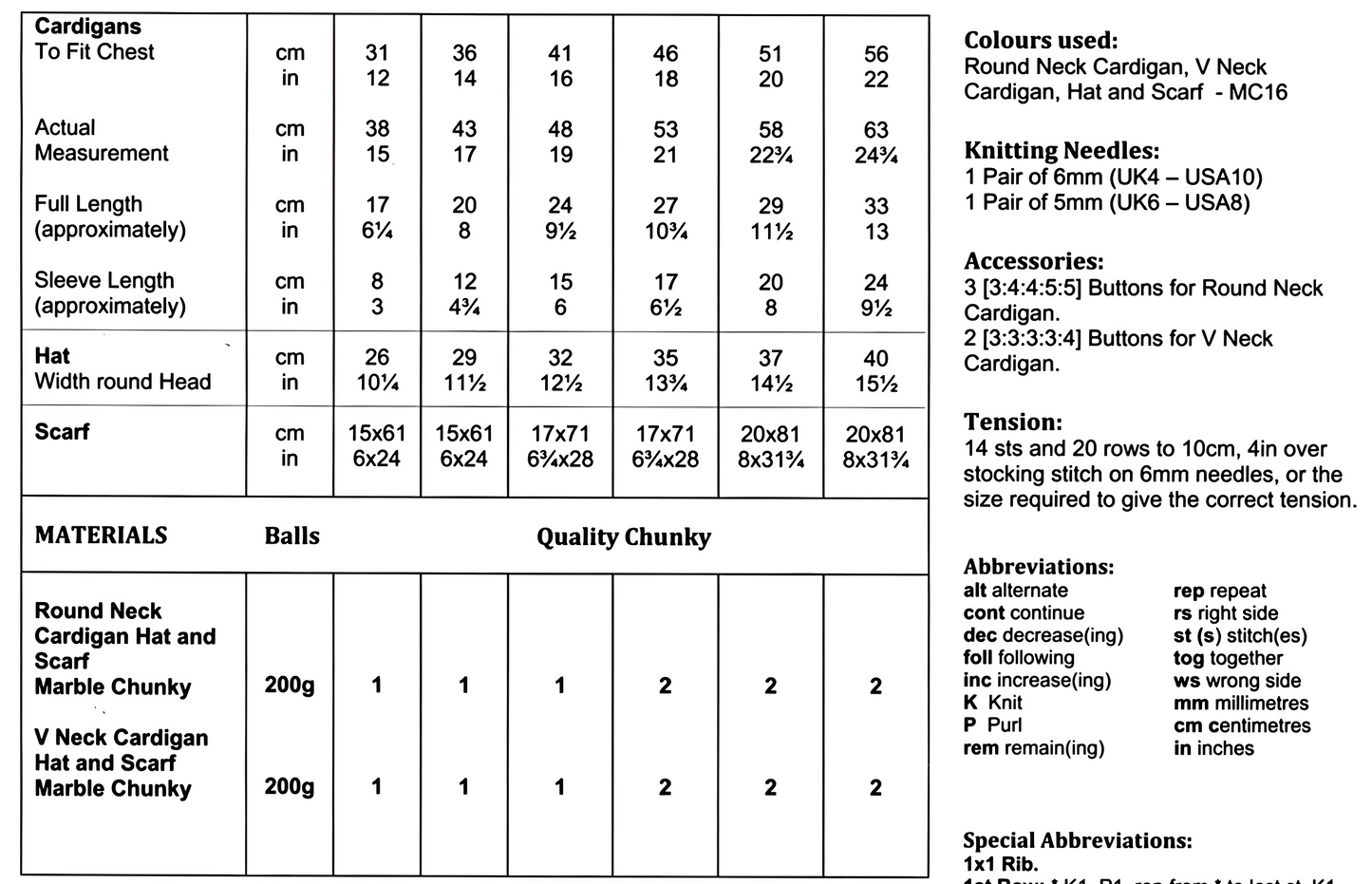 Materials and measurements for vintage baby cardigan, hat and scarf knitting pattern — 2 designs, chunky 12ply yarn, 6mm and 5mm needles, 12''–22'' (31–56 cm), tiny premature to 2 years.