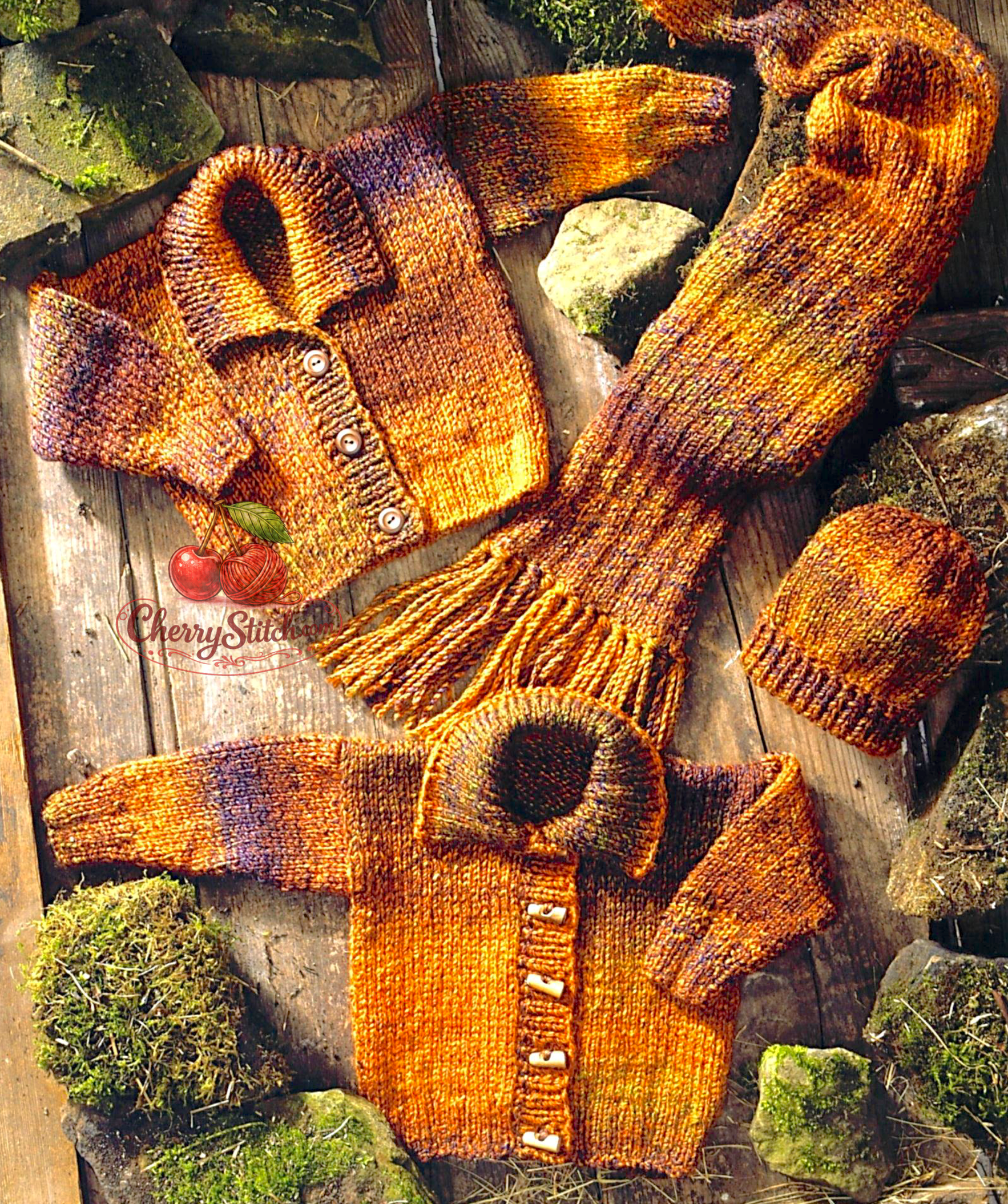 Vintage baby cardigan, hat and scarf knitting pattern — 2 designs: round neck and V-neck cardigans, stocking stitch, drop shoulders. Chunky 12ply yarn, 12''–22'' (31–56 cm) chest, approx. tiny premature to 2 years. Intermediate knitting.