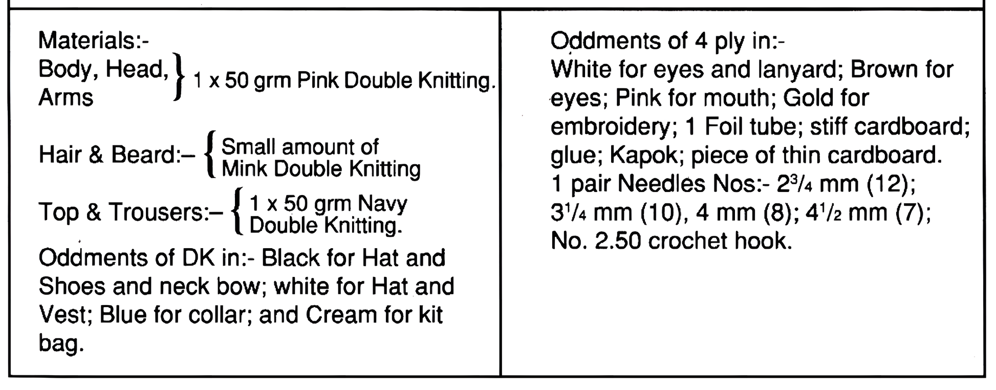 Materials and measurements for vintage Woolly Wotnots Sailor doll and Kit Bag knitting pattern — soft stuffed toy, 12'' (30 cm), DK 8ply and 4ply yarn.