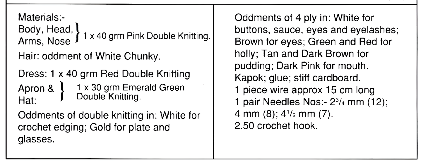 Materials and measurements for vintage Woolly Wotnots Mother Christmas and Pudding knitting pattern — soft stuffed toy doll, 12'' (30 cm), DK 8ply with oddments of 4ply and chunky yarn.