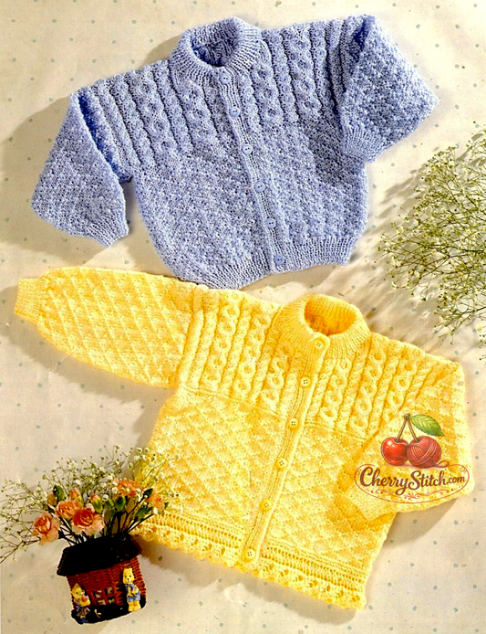 Vintage baby and child cable cardigan knitting pattern — 2 designs: diamond stitch with cable panels throughout, rib border for boys and lace border for girls. DK or 4ply yarn, 16''–26'' (41–66 cm) chest, approx. 0–12 months to 4–7 years. Intermediate knitting.