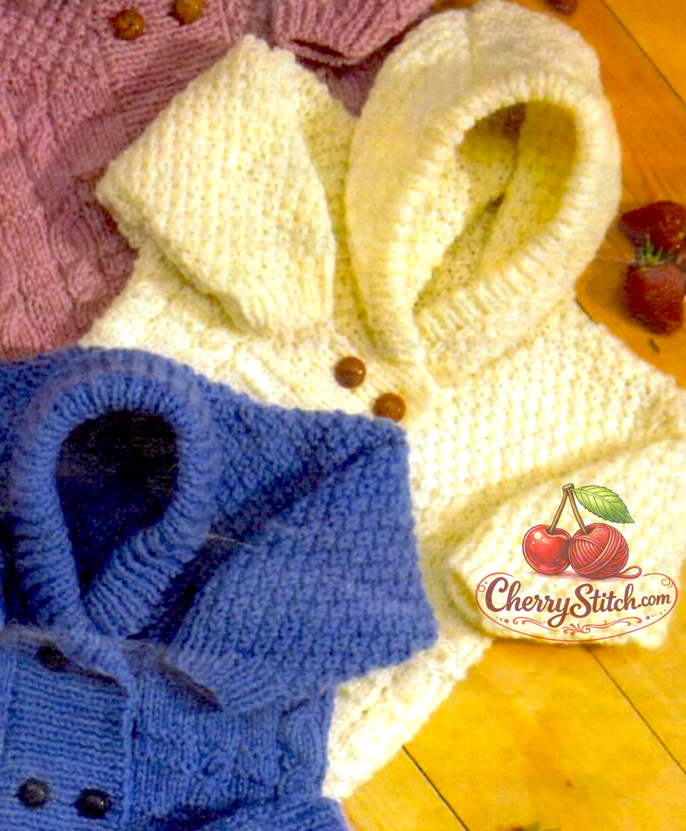 Moss stitch and cable detail from vintage baby and child Aran cardigan, hat and mittens knitting pattern — 3 styles: collared, hooded and shawl collar, double-breasted, 10ply yarn, 16''–24'', birth to 4 years.