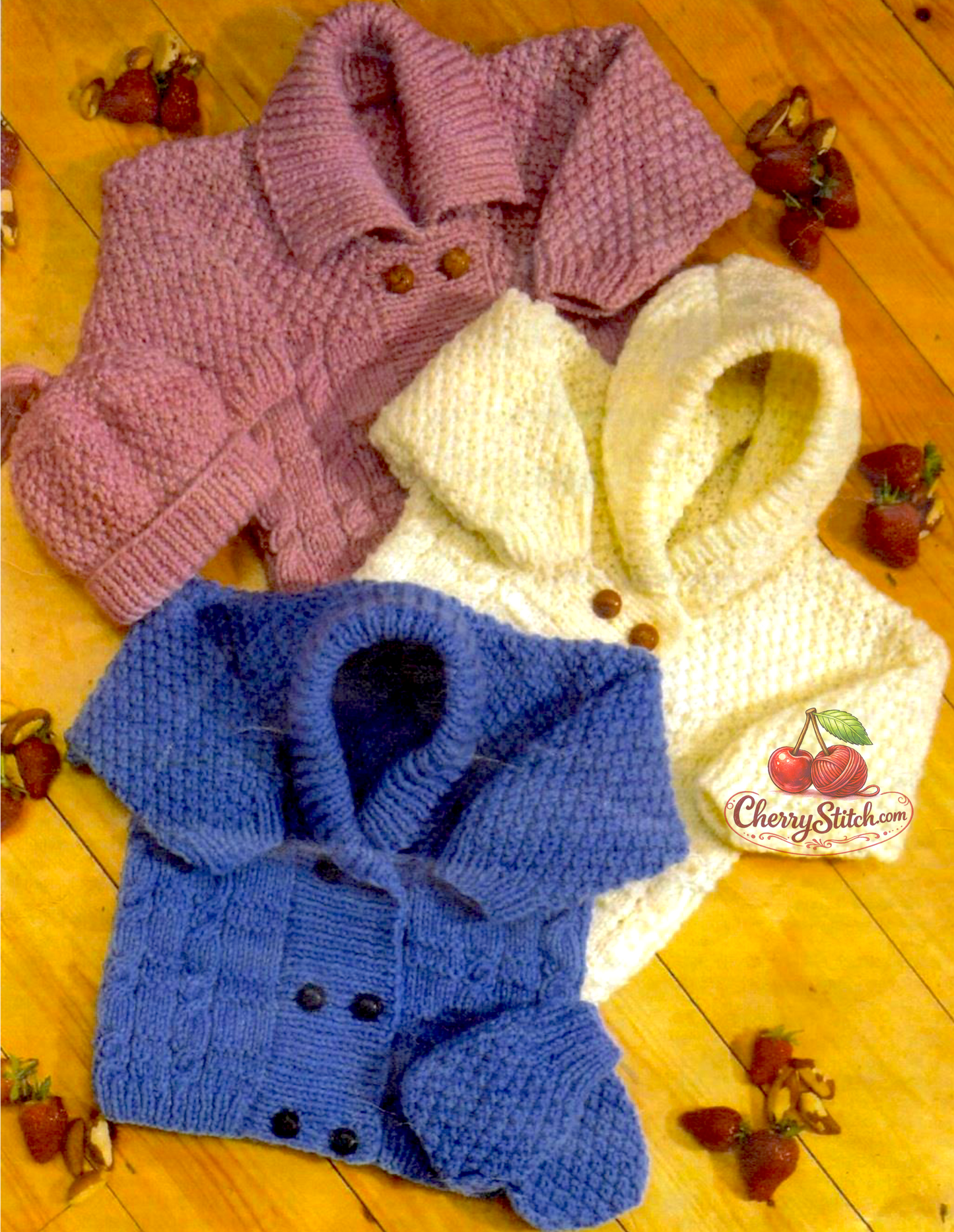 Vintage baby and child Aran cardigan, hat and mittens knitting pattern — 3 double-breasted styles: collared, hooded and shawl collar. Moss stitch and cable details throughout. Aran 10ply yarn, 16''–24'' (41–61 cm) chest, approx. birth to 4 years. Intermediate knitting.