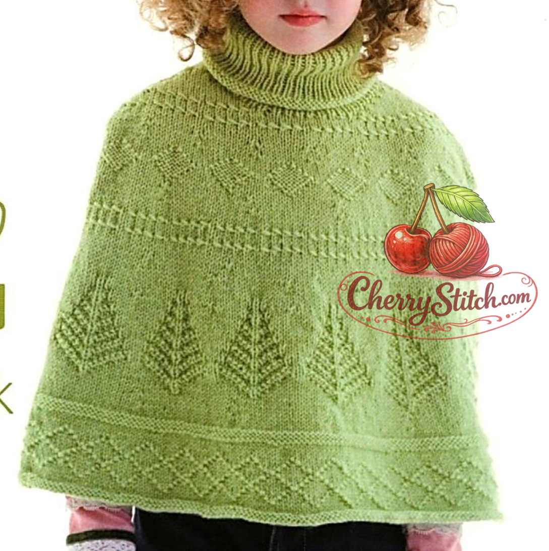 Tree of Life and diamond stitch detail from vintage child's poncho knitting pattern — round neck and polo collar styles, DK yarn, 60–80 cm, approx. 2–10 years.