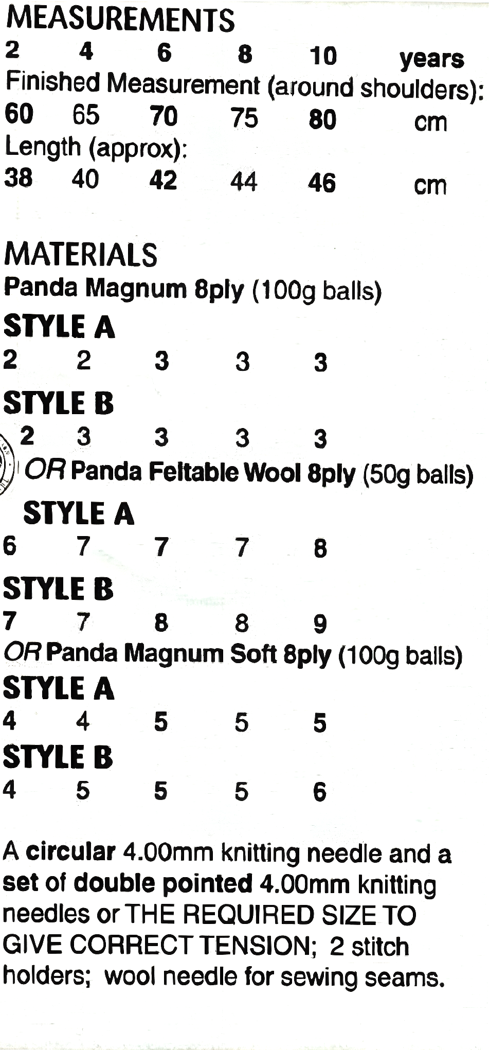 Materials and measurements for vintage child's poncho knitting pattern — Tree of Life, diamond stitch, round neck or polo collar, DK 8ply yarn, 4mm circular and double pointed needles, 60–80 cm around shoulders, 2–10 years.