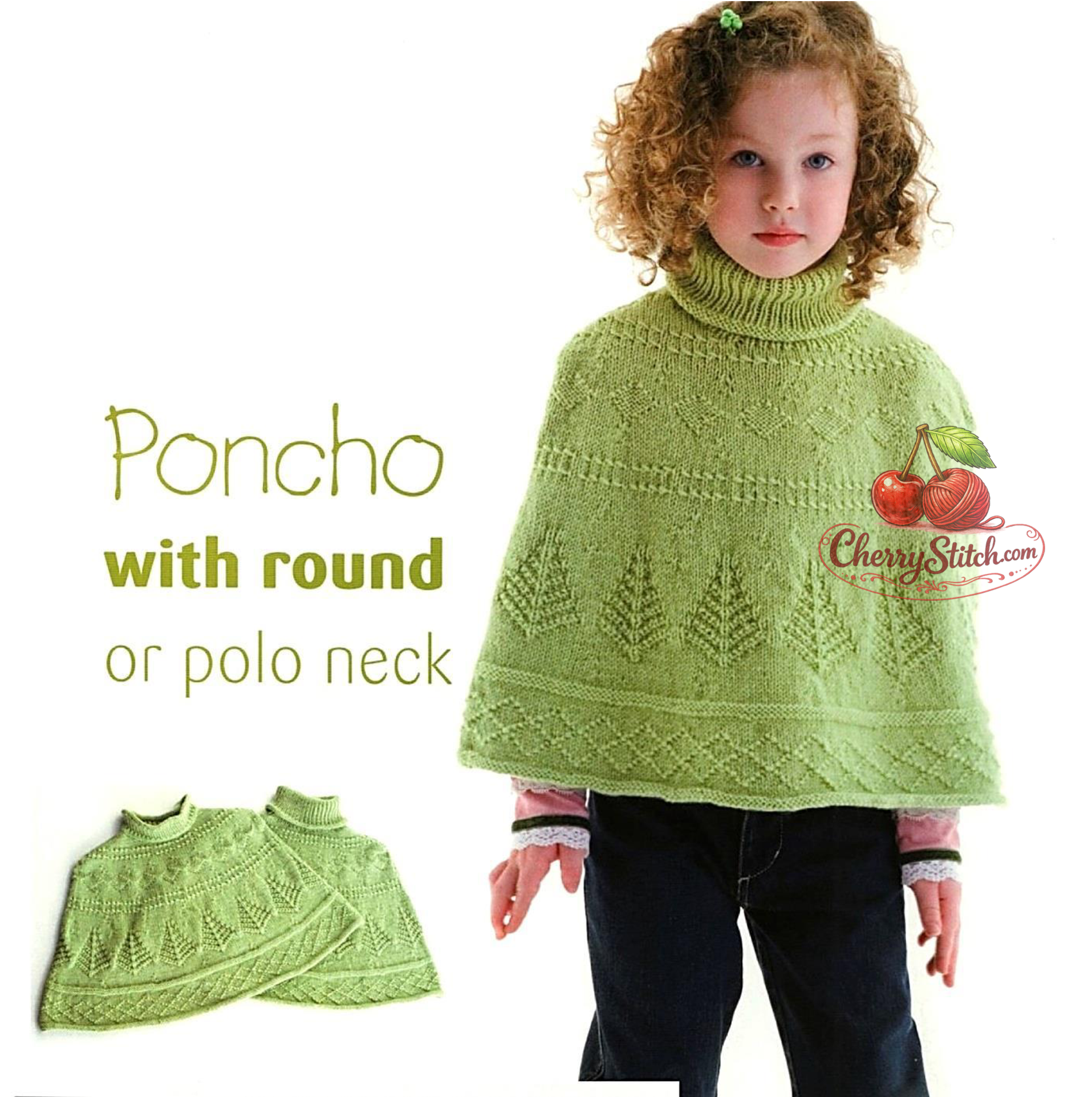 Vintage child's poncho knitting pattern — Tree of Life and diamond stitch details, 2 styles: round neck and polo collar. DK 8ply yarn, 60–80 cm around shoulders, approx. 2–10 years. Intermediate knitting.