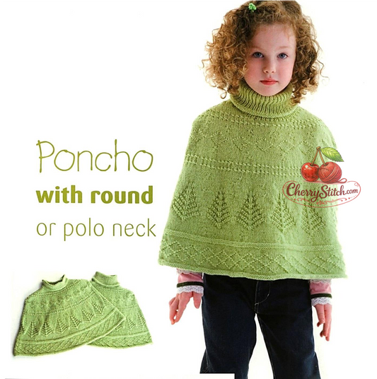 Vintage child's poncho knitting pattern — Tree of Life and diamond stitch details, 2 styles: round neck and polo collar. DK 8ply yarn, 60–80 cm around shoulders, approx. 2–10 years. Intermediate knitting.