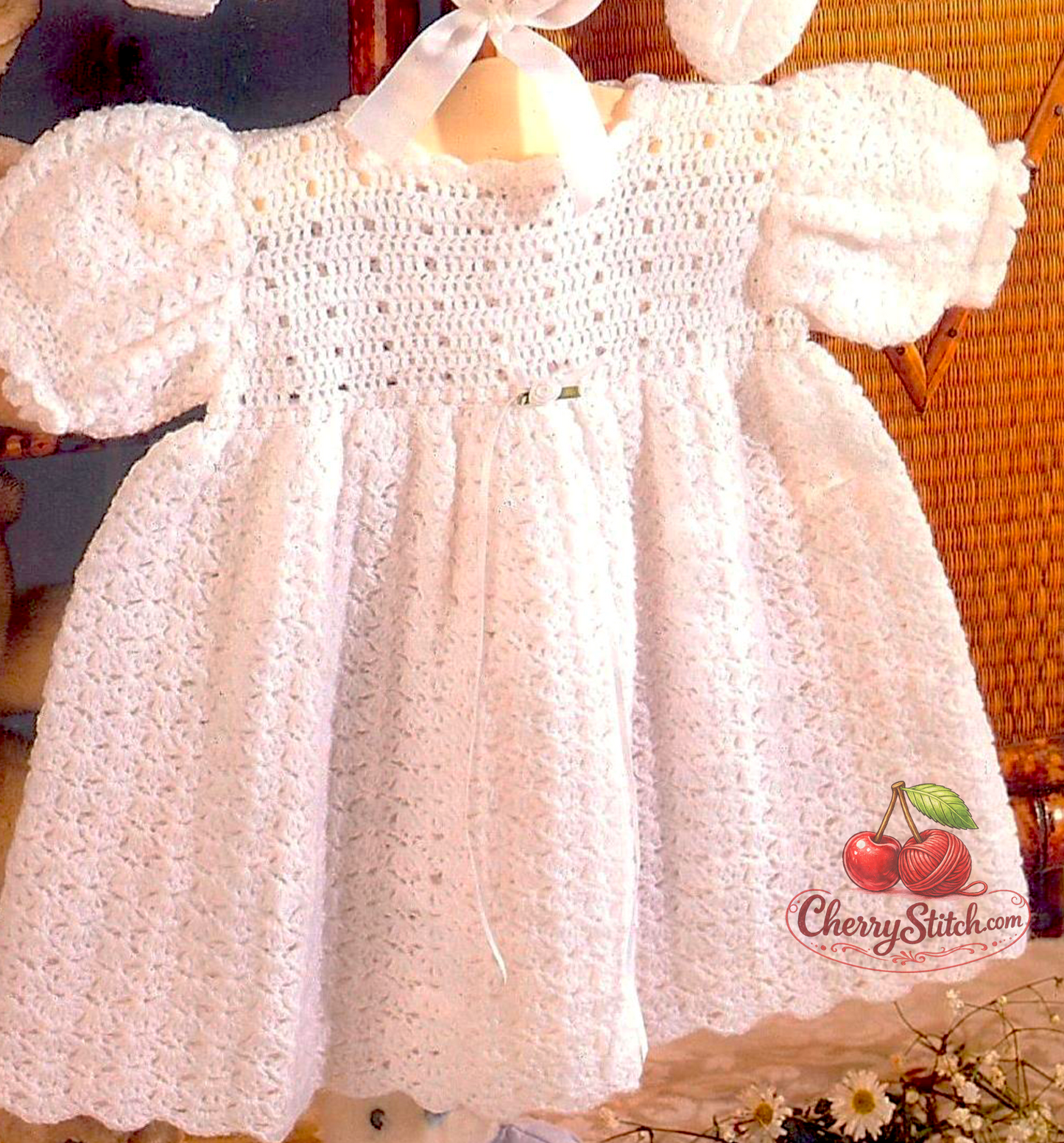 Lace detail from vintage baby christening crochet pattern — dress, bonnet and bootees set, 3ply yarn, 16''–20'', approx. 0–18 months. Delicate restored vintage design.