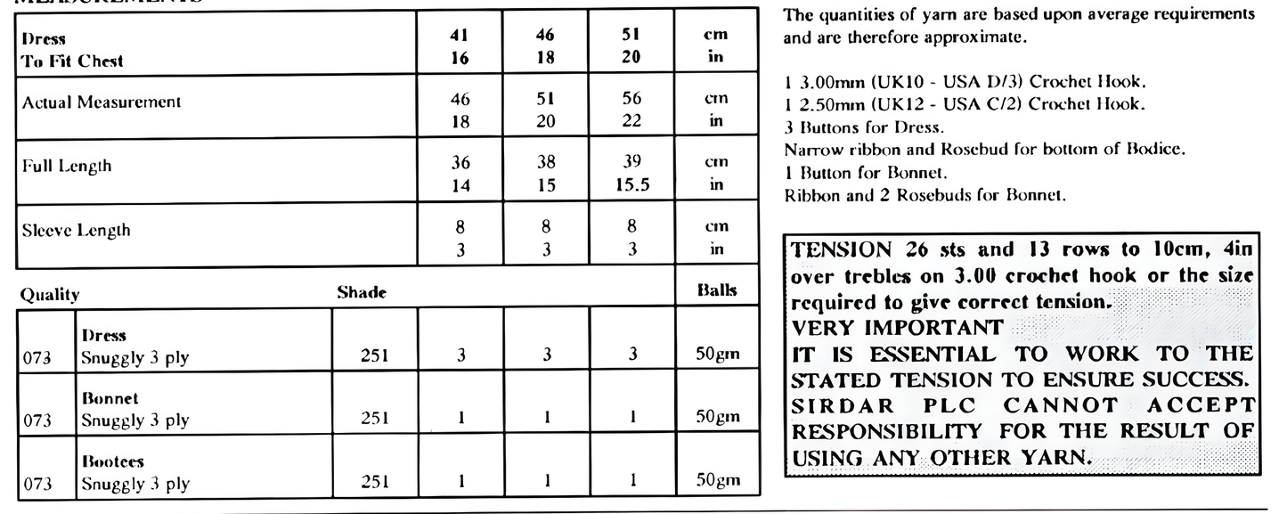 Materials and measurements for vintage baby lacy christening crochet pattern — dress, bonnet and bootees, 3ply yarn, 3mm and 2.5mm hooks, buttons, ribbon and rosebuds, 16''–20'' (41–51 cm), 0–18 months.