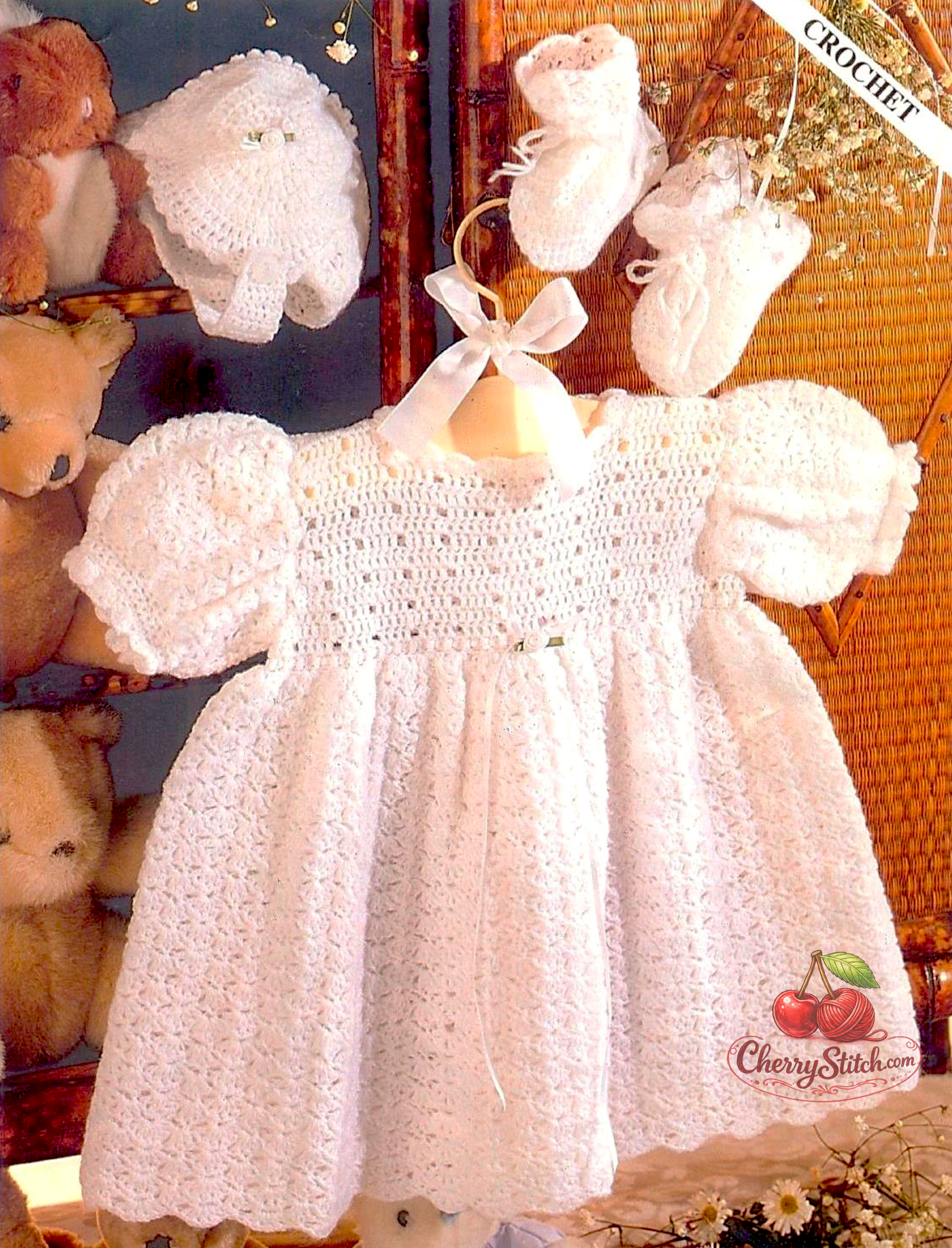 Vintage baby lacy crochet pattern — christening and special occasion set: dress, bonnet and bootees. Delicate lacy design, 3ply yarn, 16''–20'' (41–51 cm) chest, approx. 0–18 months. Wonderful gift idea. Intermediate crochet.