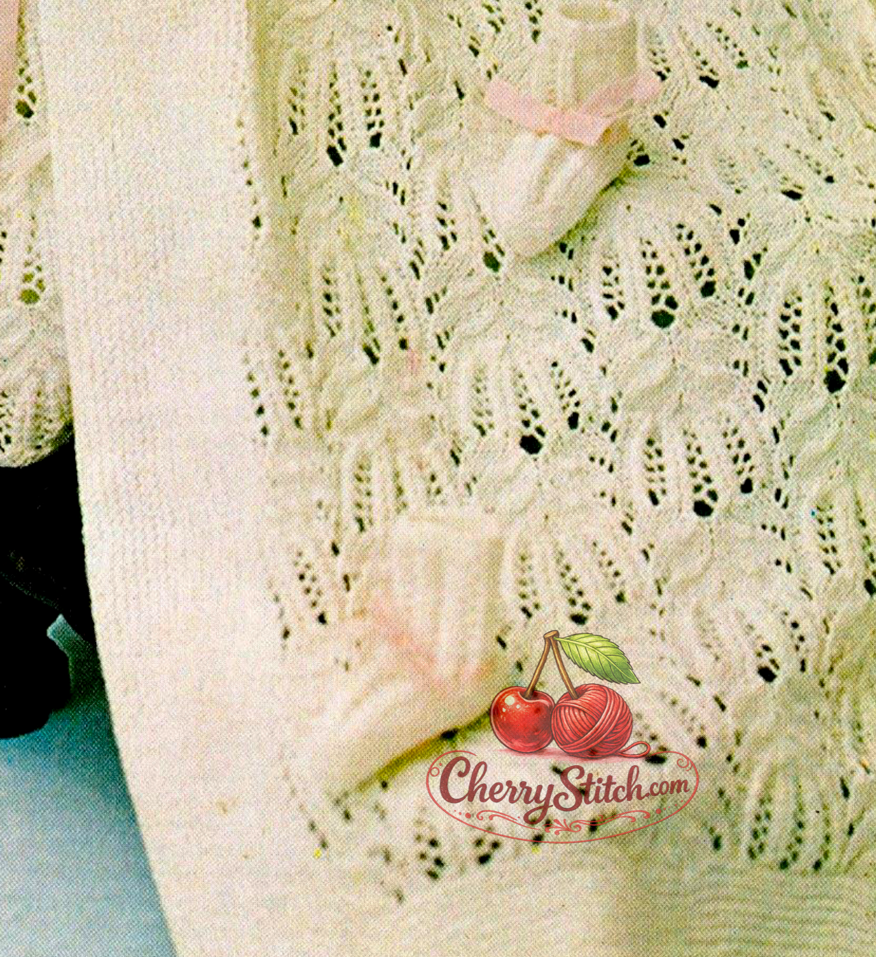 Frost Flower lace stitch detail from vintage baby christening layette knitting pattern — long dress, bonnet, bootees and shawl, 4ply yarn, 18'', approx. 6 months.