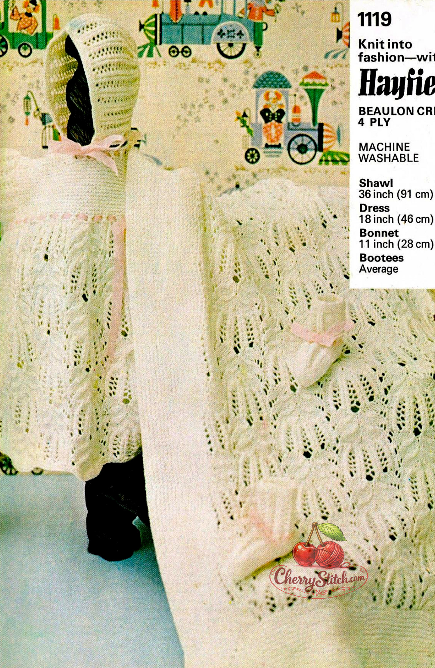 Vintage baby christening layette knitting pattern — long dress, bonnet, bootees and shawl worked in Frost Flower lace stitch. Breathtakingly delicate heirloom set, 4ply yarn, 18'' (46 cm) chest, approx. 6 months. Intermediate knitting.