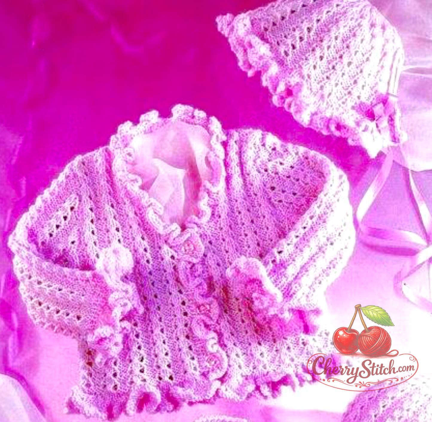 Ruffle detail from vintage baby and girl's cardigan and bonnet knitting pattern — ruffled and plain versions, round and V-neck, 4ply yarn, 16''–26'', 0–6 years.