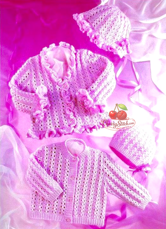 Vintage baby and girl's cardigan and bonnet knitting pattern — 2 designs: ruffled and plain cardigans, round and V-neck styles, with matching bonnets. 4ply yarn, 16''–26'' (41–66 cm) chest, approx. 0–6 years. Intermediate knitting.