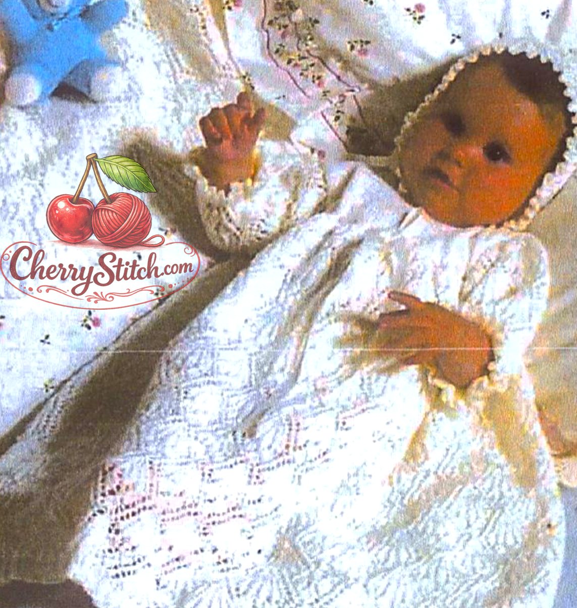 All-over lace detail from vintage baby christening dress, bonnet and shawl knitting pattern — light, airy heirloom lace, 3ply yarn, 14''–16'', premature baby and birth sizes.